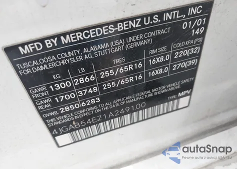 2001 Mercedes-Benz Ml 320 z USA, uszkodzony, nr VIN 4JGAB54E71A249100